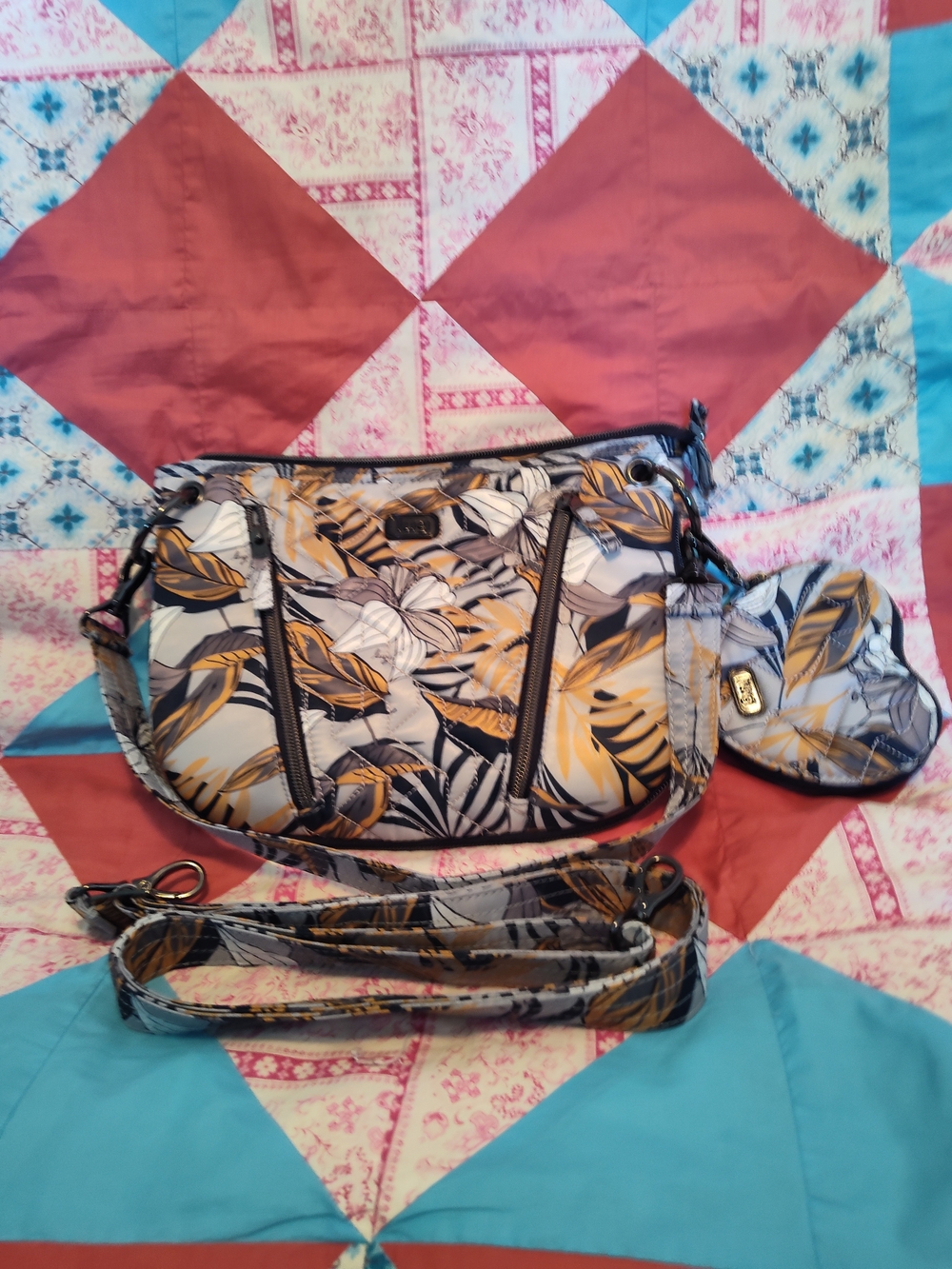 Lug Swivel Tropical Leaf Print Crossbody Bag in Silver, Navy and Mustard